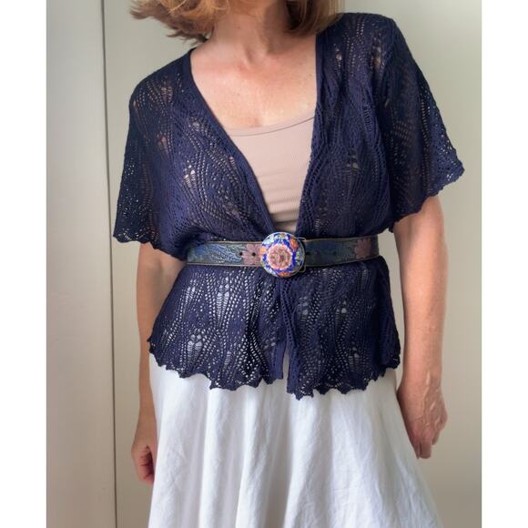 90s Crochet Cardigan Knit Top Blue Size XL BOho Indie Vibes Layering Pieces - Picture 1 of 10